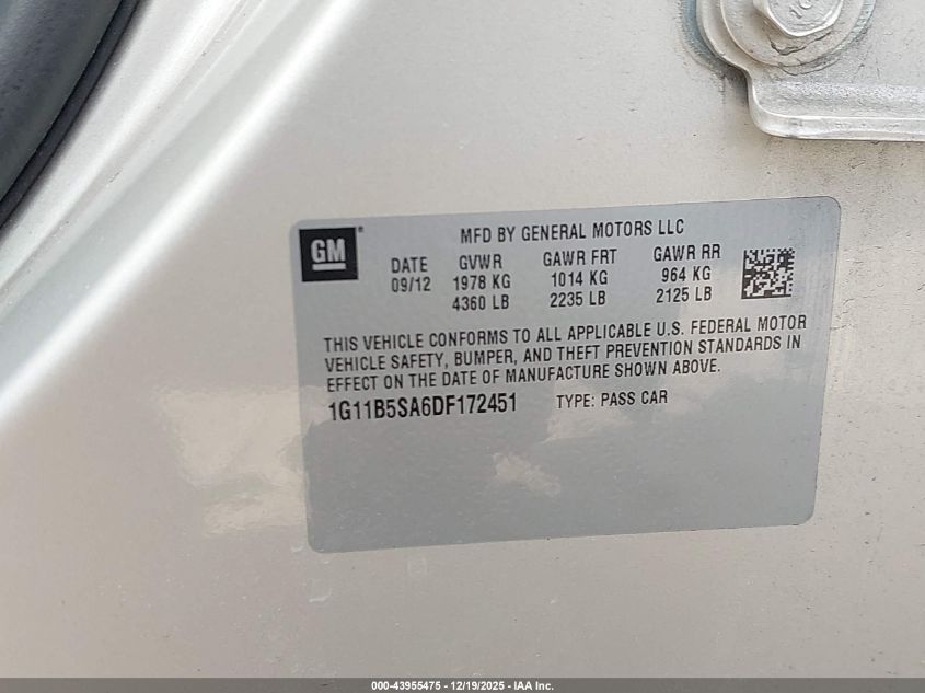 2013 Chevrolet Malibu 1Ls VIN: 1G11B5SA6DF172451 Lot: 43955475