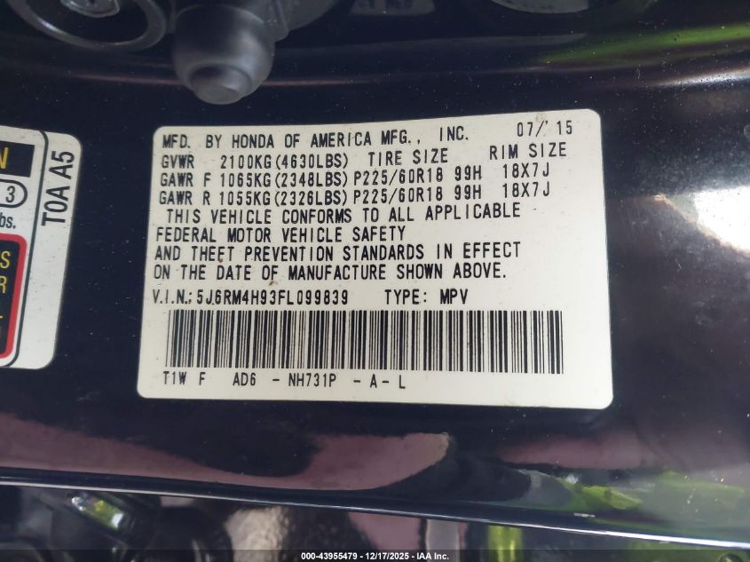 2015 Honda Cr-V Touring VIN: 5J6RM4H93FL099839 Lot: 43955479