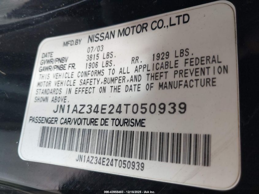 2004 Nissan 350Z Touring VIN: JN1AZ34E24T050939 Lot: 43955483