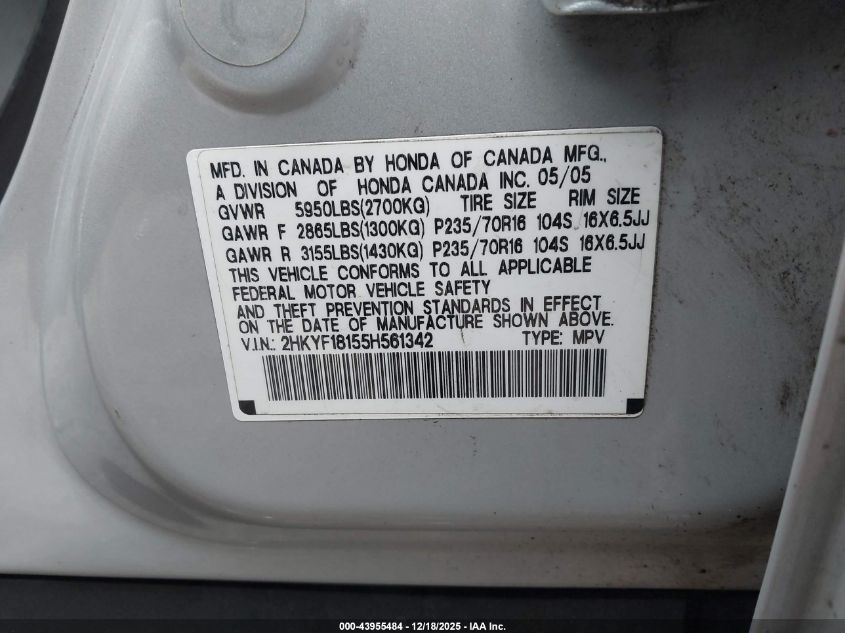 2005 Honda Pilot Lx VIN: 2HKYF18155H561342 Lot: 43955484