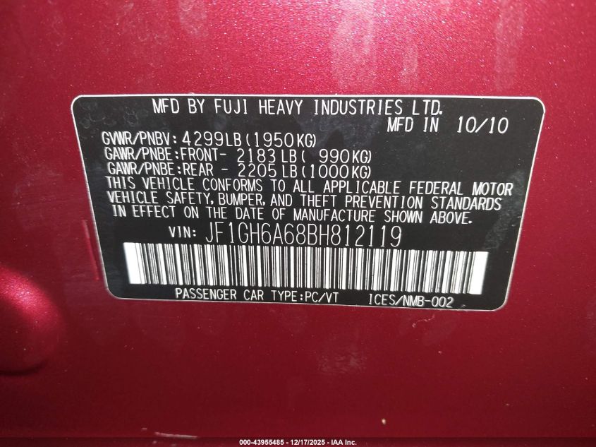 2011 Subaru Impreza 2.5I VIN: JF1GH6A68BH812119 Lot: 43955485