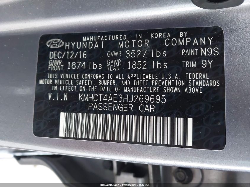 2017 Hyundai Accent Se VIN: KMHCT4AE3HU269695 Lot: 43955487