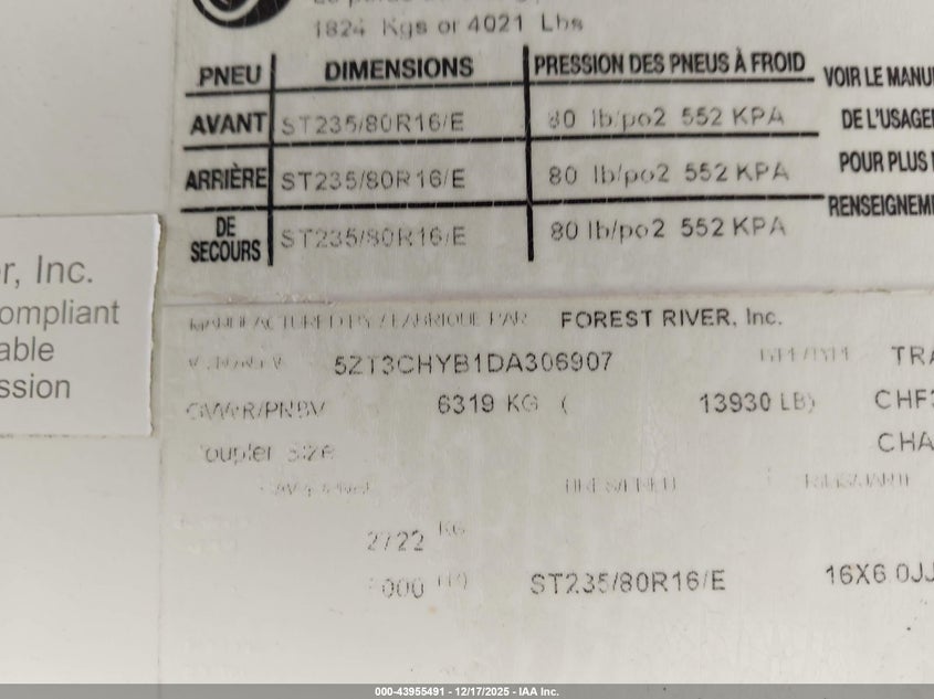 2013 Forest River Chaparral 330 VIN: 5ZT3CHYB1DA306907 Lot: 43955491