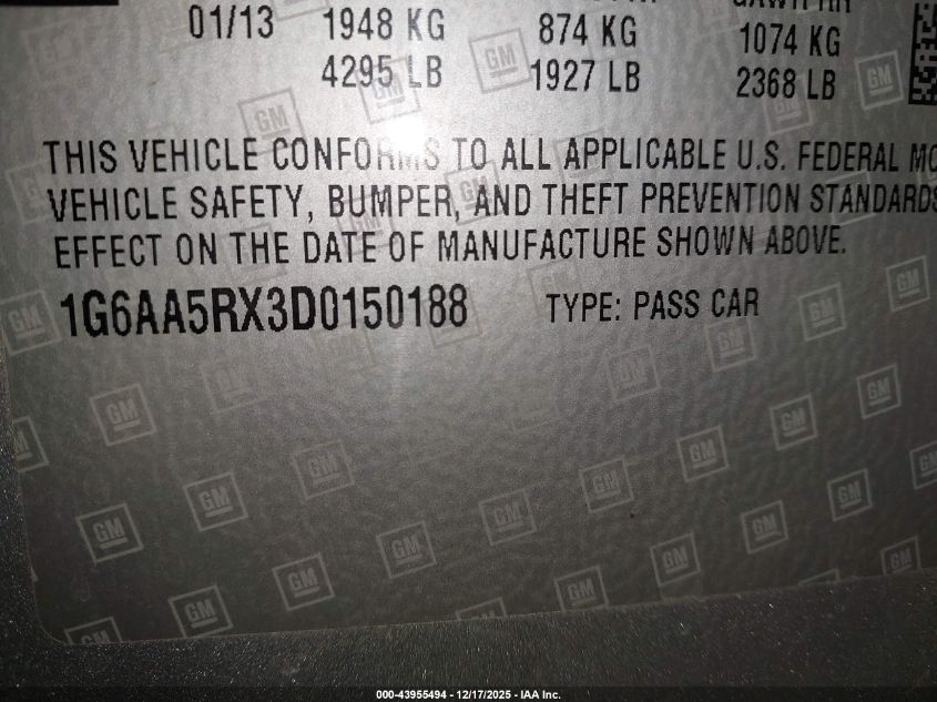 2013 Cadillac Ats Standard VIN: 1G6AA5RX3D0150188 Lot: 43955494