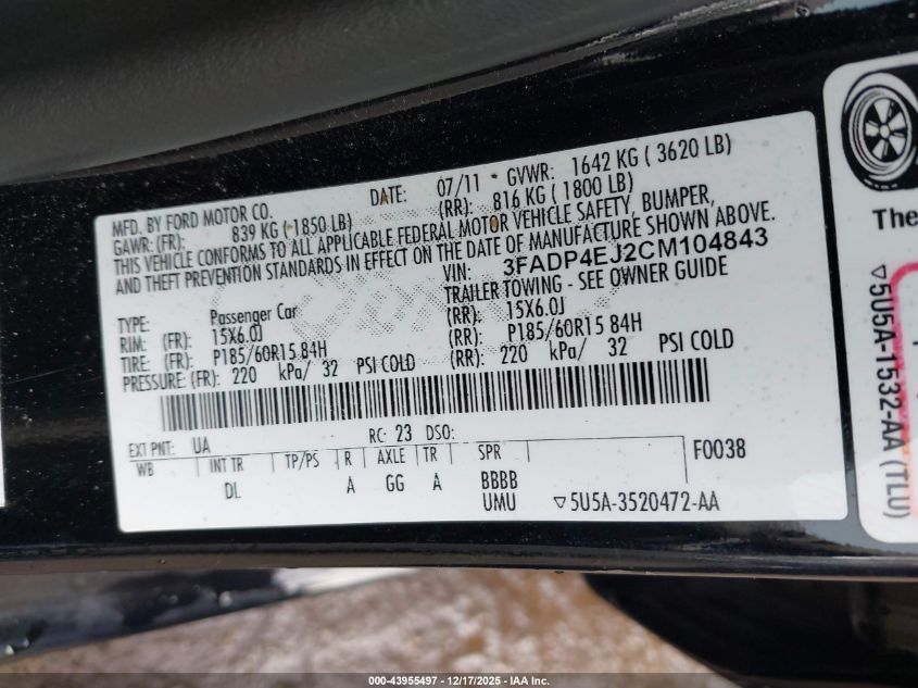 2012 Ford Fiesta Se VIN: 3FADP4EJ2CM104843 Lot: 43955497