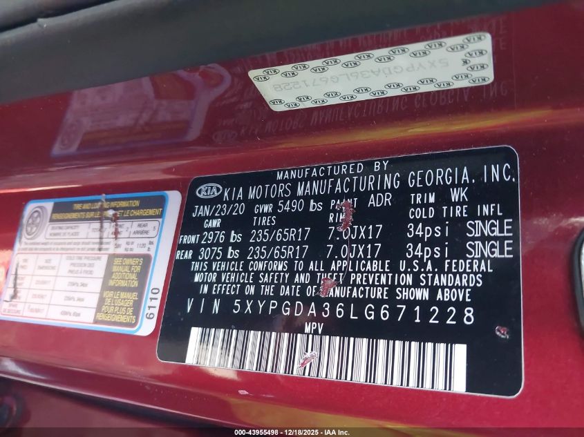 2020 Kia Sorento 2.4L Lx VIN: 5XYPGDA36LG671228 Lot: 43955498