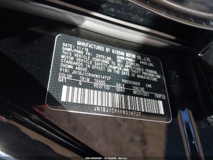 2019 Nissan Rogue Sport Sl VIN: JN1BJ1CR4KW314727 Lot: 43955499