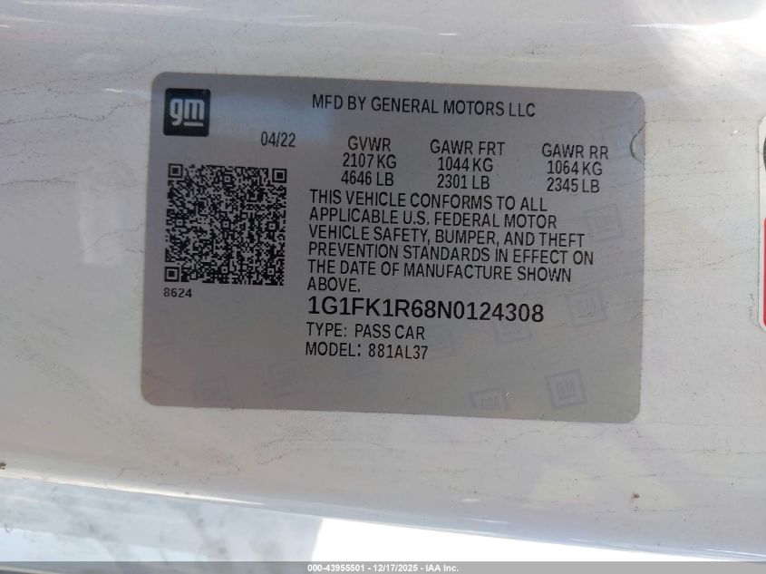 2022 Chevrolet Camaro Rwd Zl1 VIN: 1G1FK1R68N0124308 Lot: 43955501