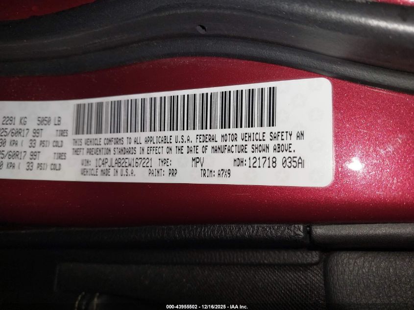 2014 Jeep Cherokee Sport VIN: 1C4PJLAB2EW167221 Lot: 43955502