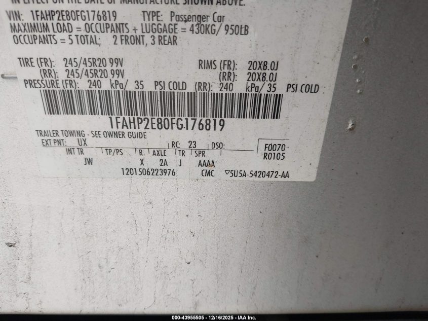 2015 Ford Taurus Sel VIN: 1FAHP2E80FG176819 Lot: 43955505