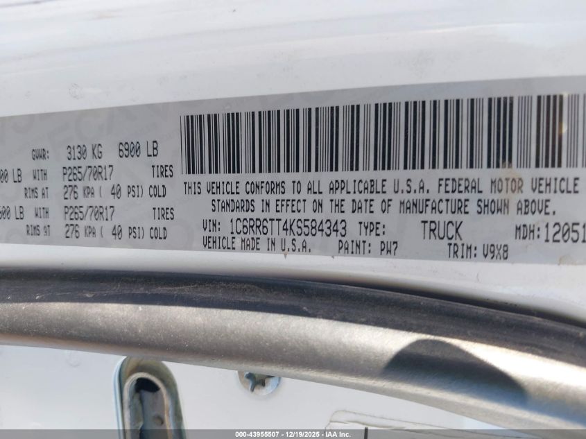 2019 Ram 1500 Classic Slt 4X2 6'4 Box VIN: 1C6RR6TT4KS584343 Lot: 43955507