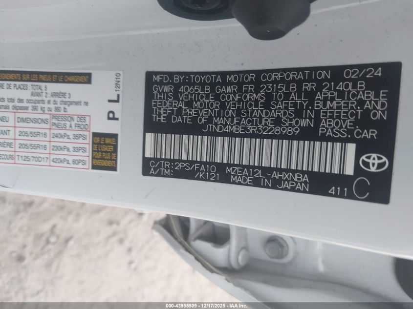 2024 Toyota Corolla Se VIN: JTND4MBE3R3228989 Lot: 43955509