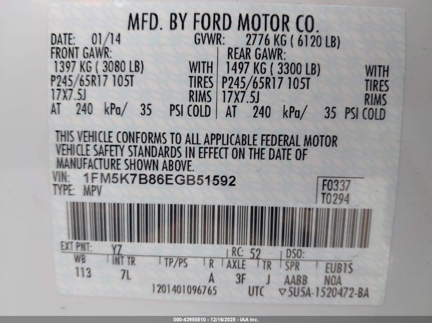 2014 Ford Explorer VIN: 1FM5K7B86EGB51592 Lot: 43955510