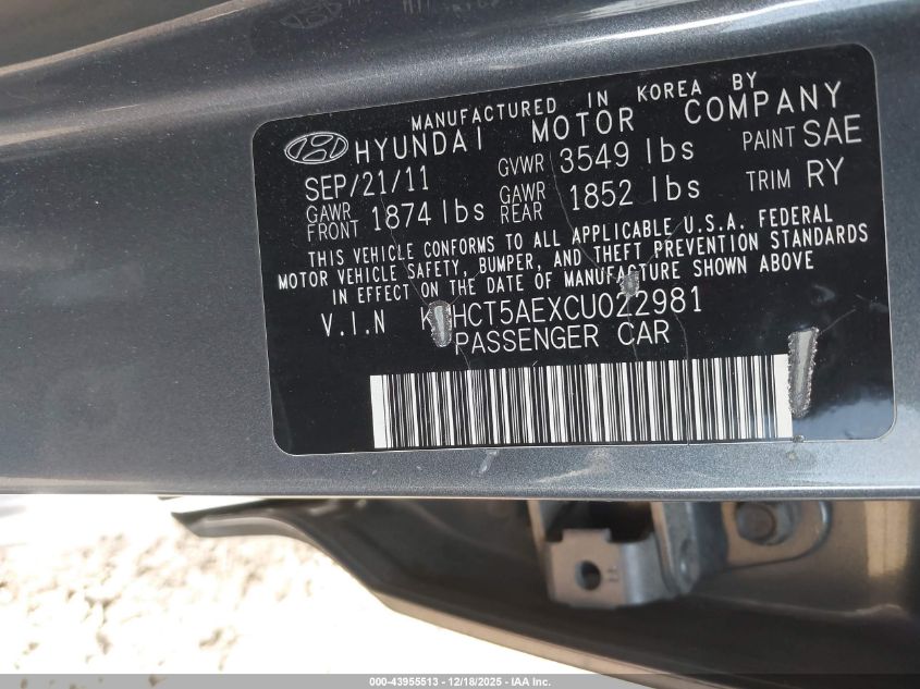 2012 Hyundai Accent Gs VIN: KMHCT5AEXCU022981 Lot: 43955513