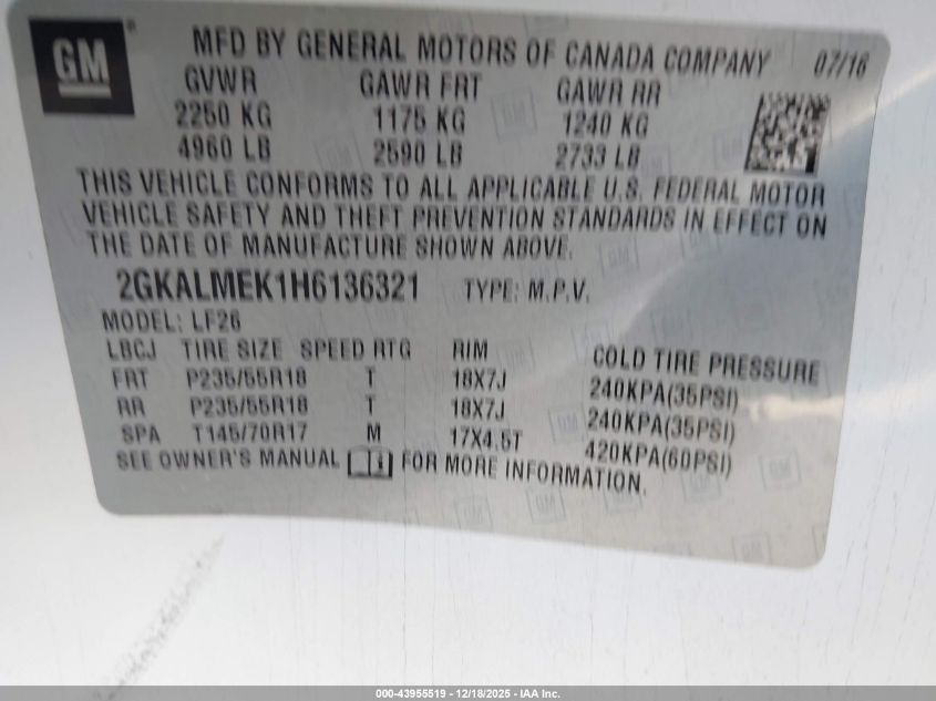 2017 GMC Terrain Sle-1 VIN: 2GKALMEK1H6136321 Lot: 43955519