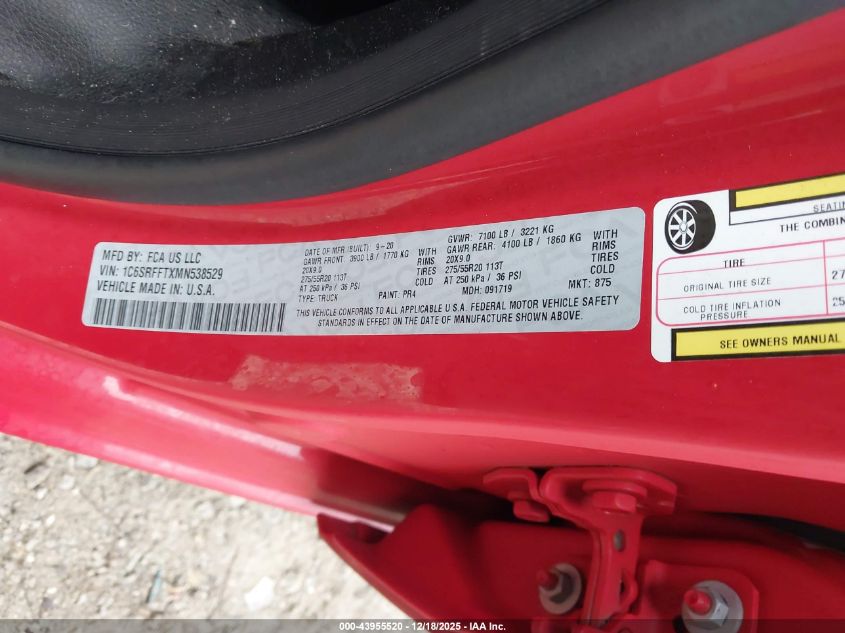 2021 Ram 1500 Big Horn 4X4 5'7 Box VIN: 1C6SRFFTXMN538529 Lot: 43955520