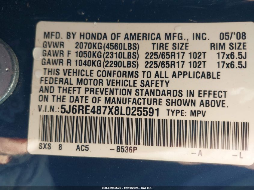 2008 Honda Cr-V Ex-L VIN: 5J6RE487X8L025591 Lot: 43955526