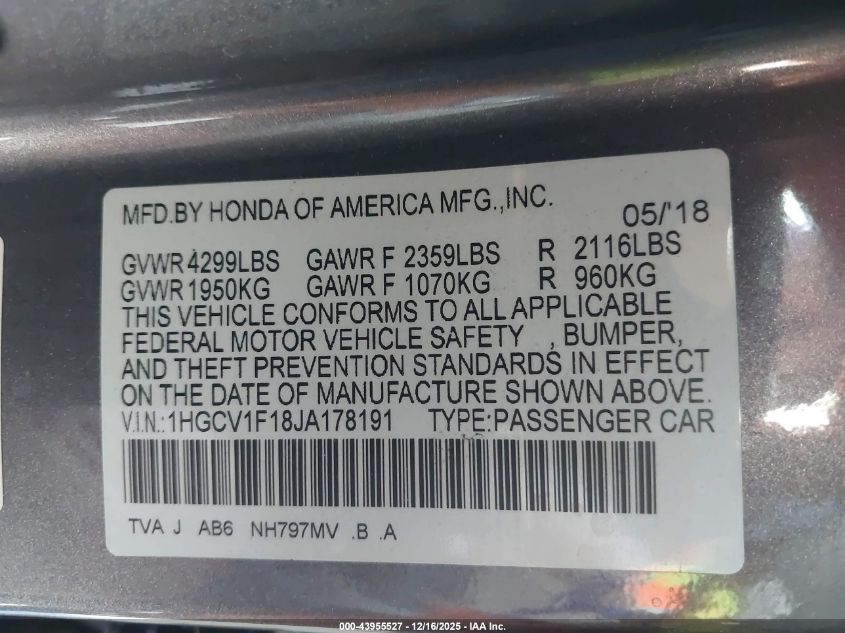 2018 Honda Accord Lx VIN: 1HGCV1F18JA178191 Lot: 43955527