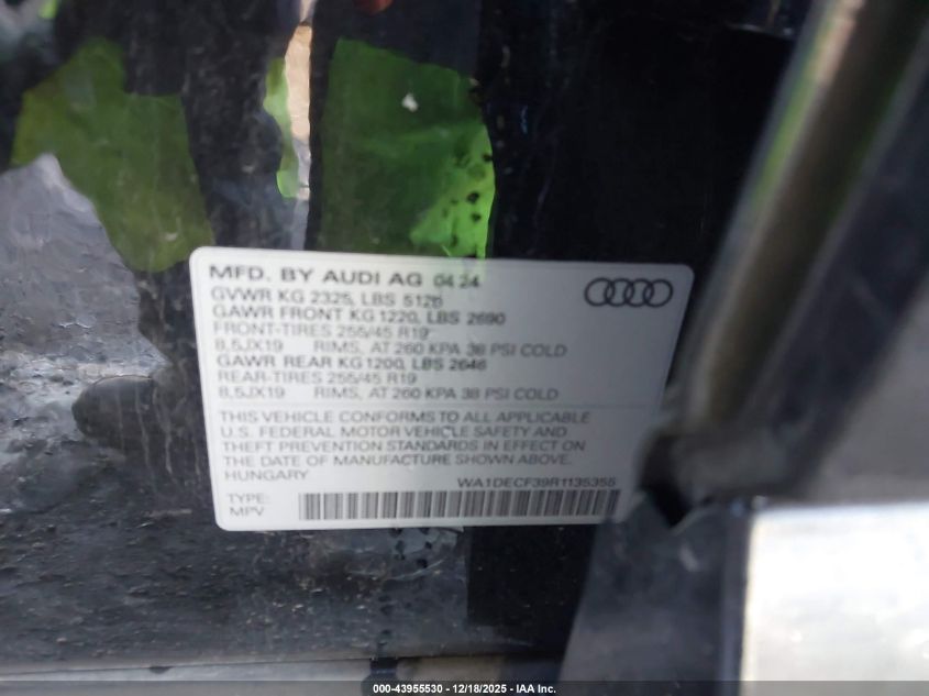 2024 Audi Q3 Premium 45 Tfsi S Line Quattro Tiptronic VIN: WA1DECF39R1135355 Lot: 43955530