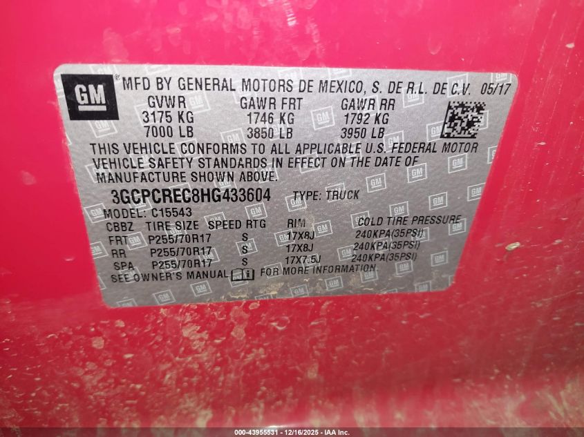2017 Chevrolet Silverado 1500 1Lt VIN: 3GCPCREC8HG433604 Lot: 43955531