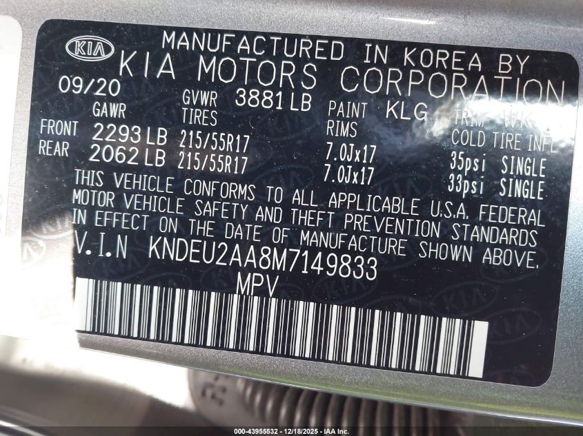 2021 Kia Seltos S VIN: KNDEU2AA8M7149833 Lot: 43955532