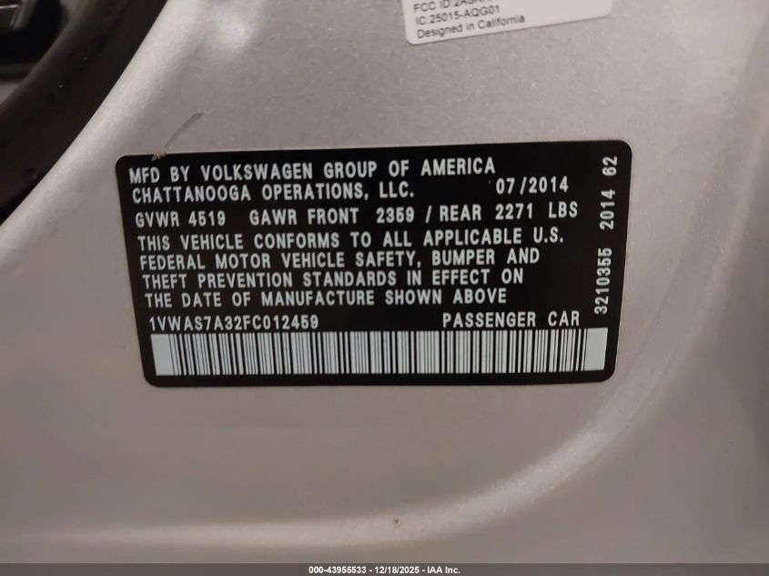 2015 Volkswagen Passat 1.8T Wolfsburg Edition VIN: 1VWAS7A32FC012459 Lot: 43955533
