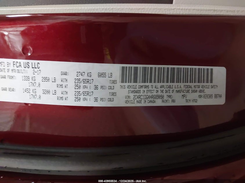 VIN 2C4RC1DGXHR689090 2017 CHRYSLER PACIFICA TOURING