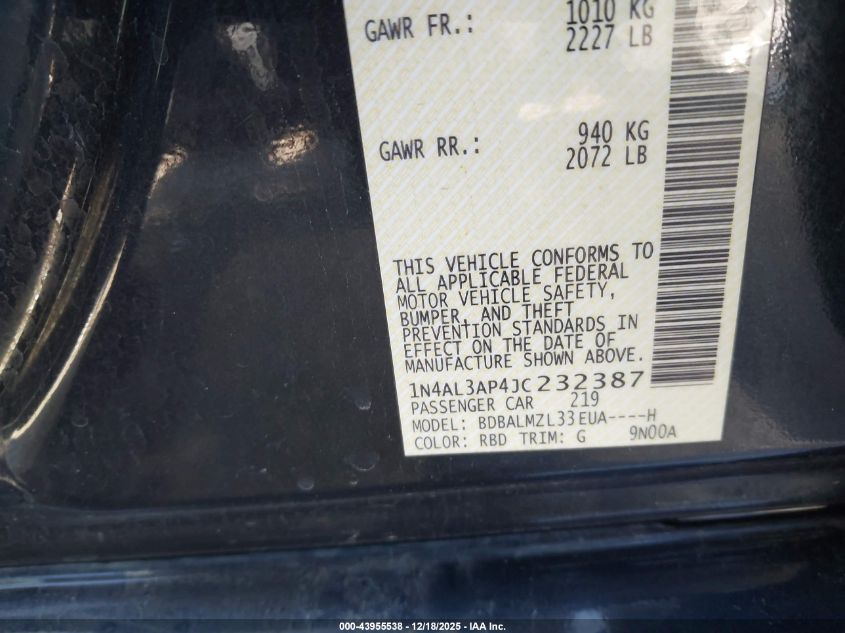 2018 Nissan Altima 2.5 Sv VIN: 1N4AL3AP4JC232387 Lot: 43955538