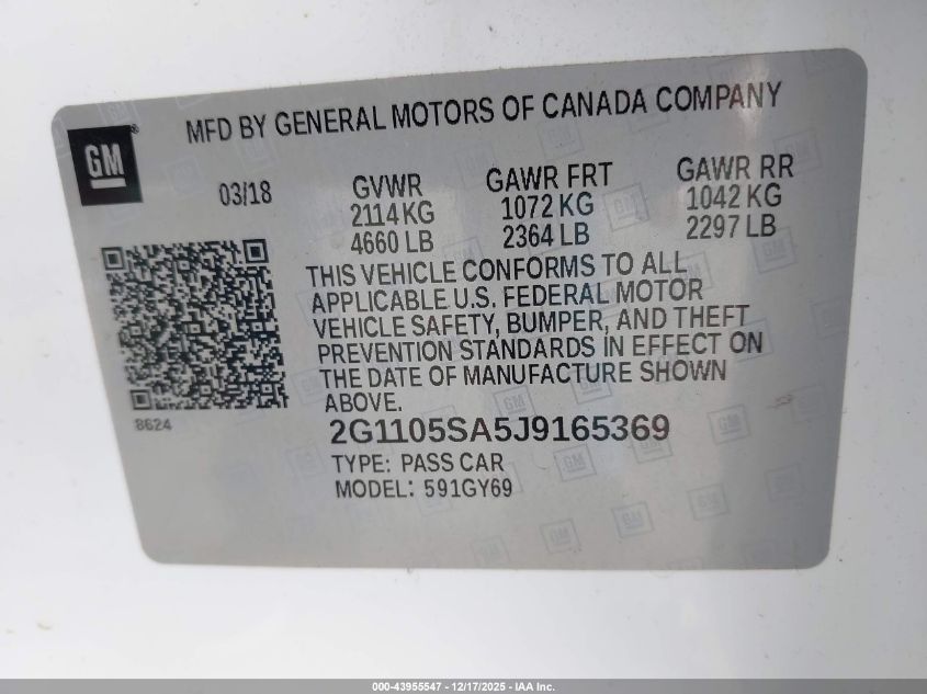 2018 Chevrolet Impala 1Lt VIN: 2G1105SA5J9165369 Lot: 43955547