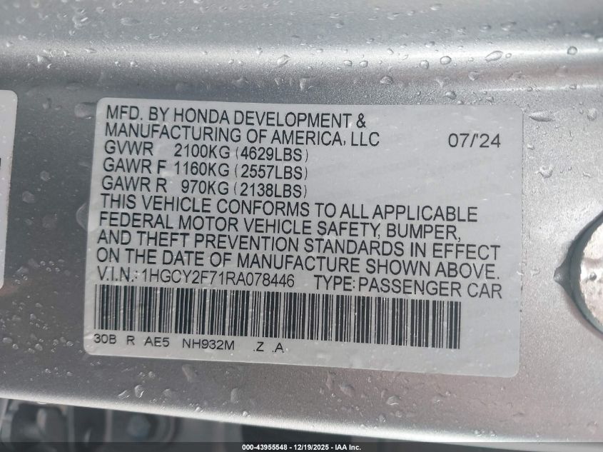 2024 Honda Accord Hybrid Sport-L VIN: 1HGCY2F71RA078446 Lot: 43955548