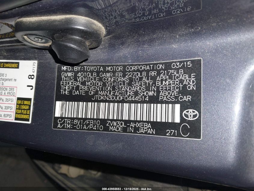 2015 Toyota Prius Two VIN: JTDKN3DU0F0444514 Lot: 43955553