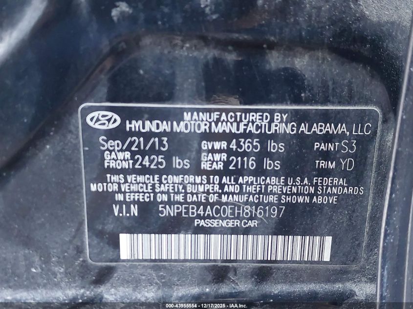 2014 Hyundai Sonata Gls VIN: 5NPEB4AC0EH816197 Lot: 43955554