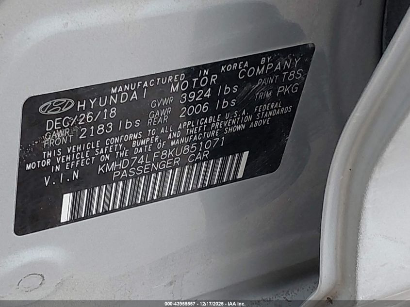 2019 Hyundai Elantra Se VIN: KMHD74LF8KU851071 Lot: 43955557