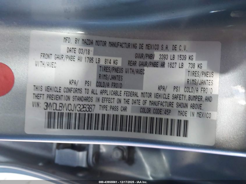 2018 Toyota Yaris Ia VIN: 3MYDLBYV0JY325387 Lot: 43955561