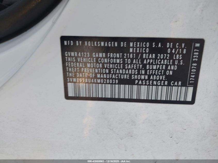 2019 Volkswagen Jetta 1.4T Sel VIN: 3VWE57BU4KM028039 Lot: 43955563