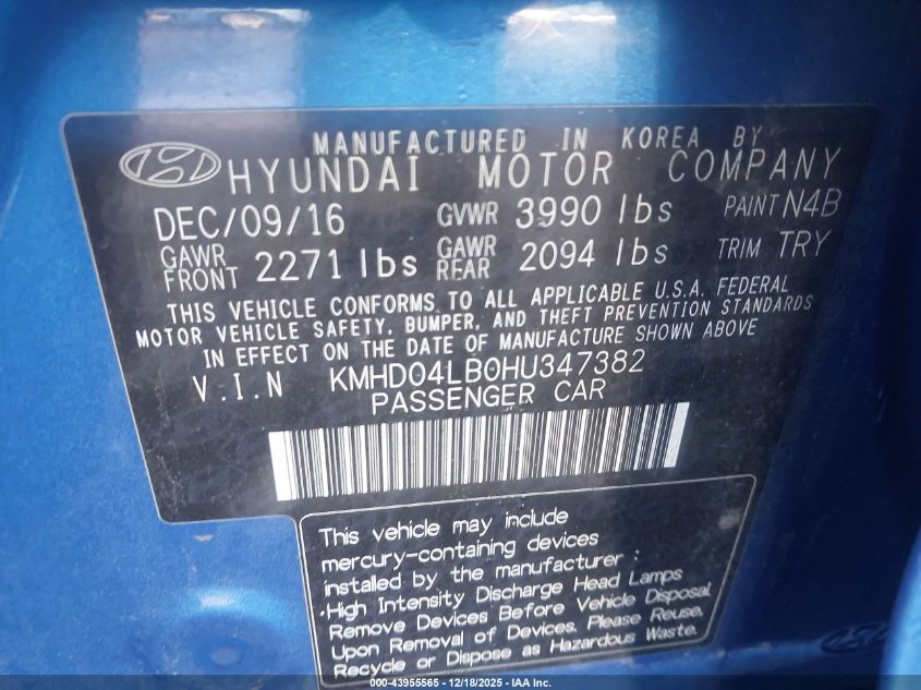 2017 Hyundai Elantra Sport VIN: KMHD04LB0HU347382 Lot: 43955565