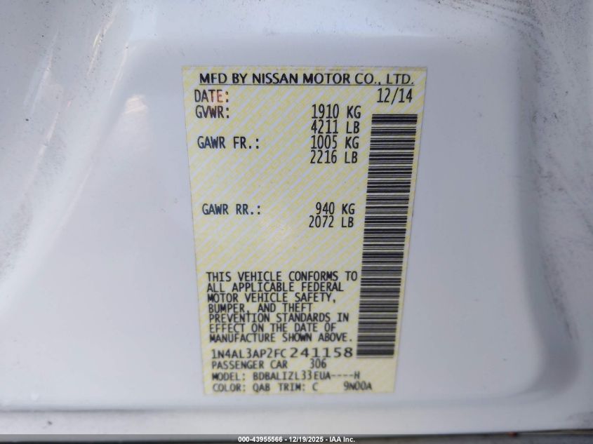 2015 Nissan Altima 2.5 Sv VIN: 1N4AL3AP2FC241158 Lot: 43955566