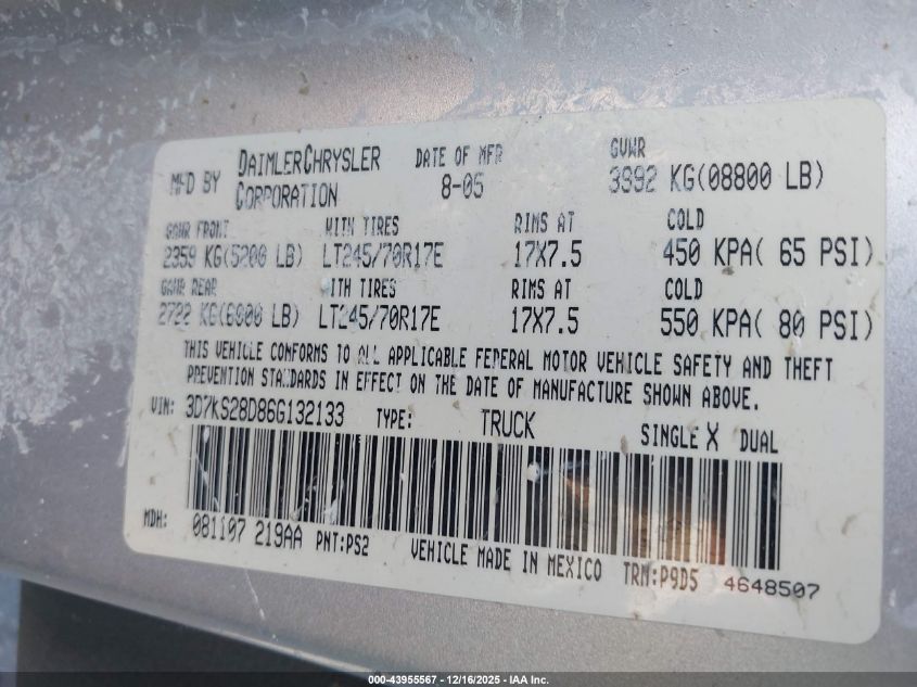 2006 Dodge Ram 2500 St VIN: 3D7KS28D86G132133 Lot: 43955567