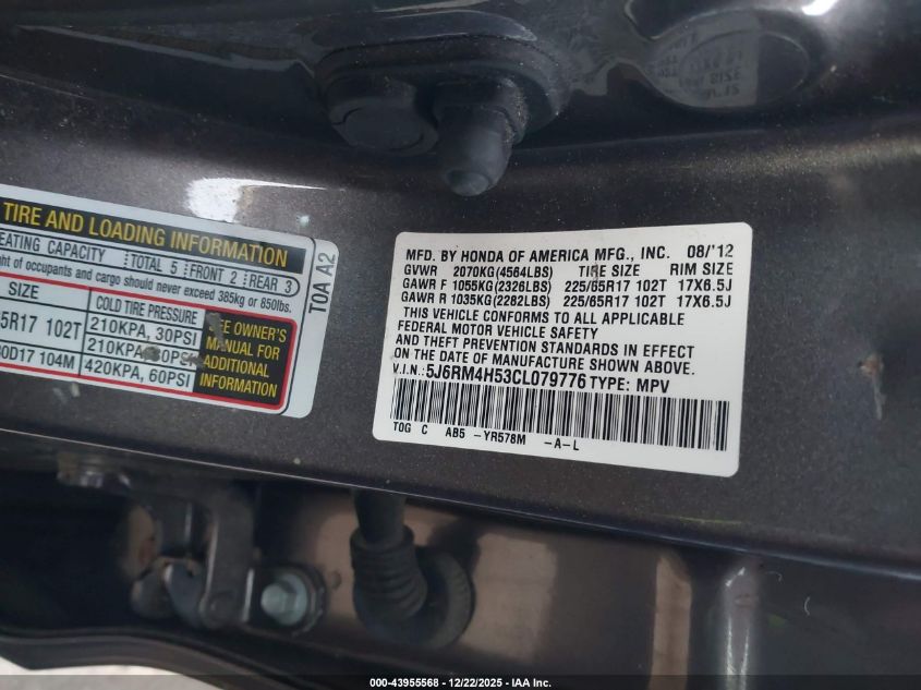 2012 Honda Cr-V Ex VIN: 5J6RM4H53CL079776 Lot: 43955568