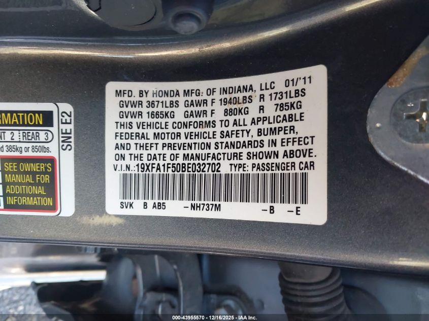 2011 Honda Civic Lx VIN: 19XFA1F50BE032702 Lot: 43955570