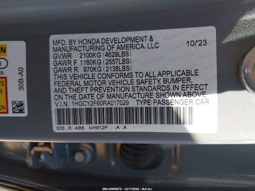 2024 Honda Accord Hybrid Ex-L VIN: 1HGCY2F60RA017029 Lot: 43955579