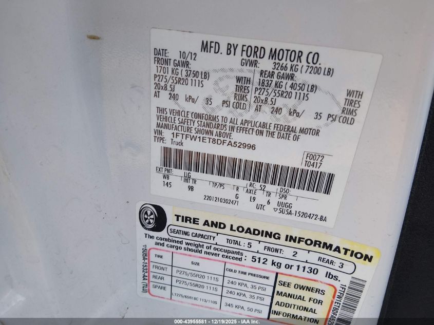 2013 Ford F-150 Platinum VIN: 1FTFW1ET8DFA52996 Lot: 43955581