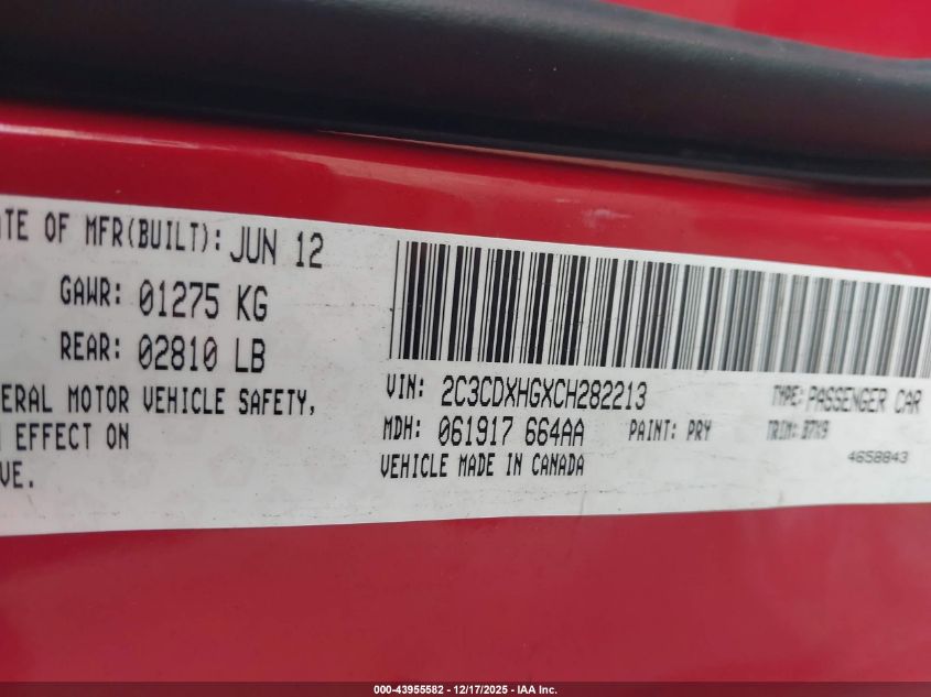 2012 Dodge Charger Sxt VIN: 2C3CDXHGXCH282213 Lot: 43955582