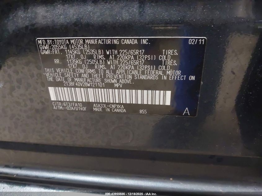 2011 Toyota Rav4 VIN: 2T3BF4DV2BW121101 Lot: 43955586