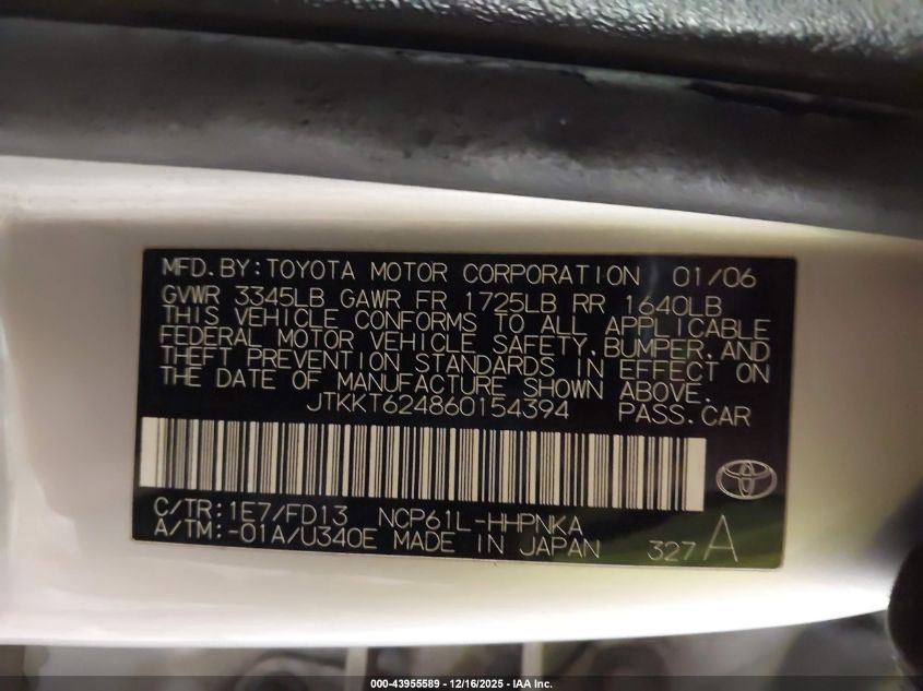 2006 Scion Xa VIN: JTKKT624860154394 Lot: 43955589