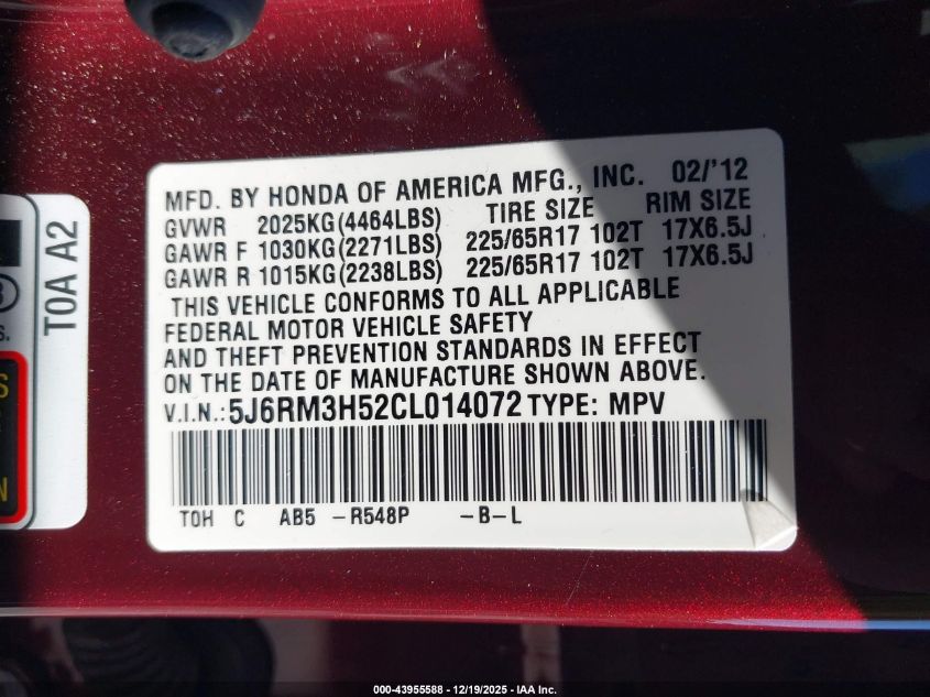 2012 Honda Cr-V Ex VIN: 5J6RM3H52CL014072 Lot: 43955588