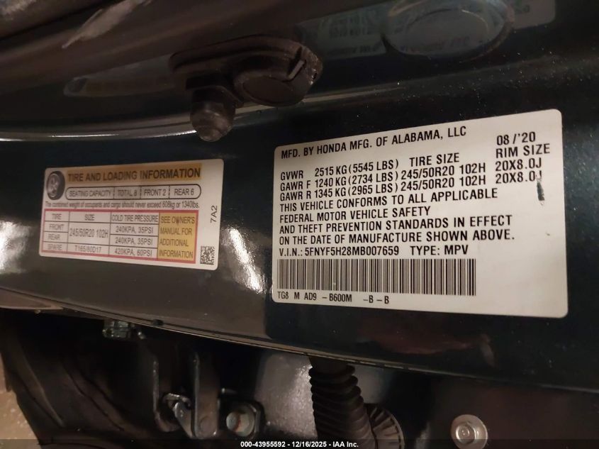 2021 Honda Pilot 2Wd Special Edition VIN: 5FNYF5H28MB007659 Lot: 43955592