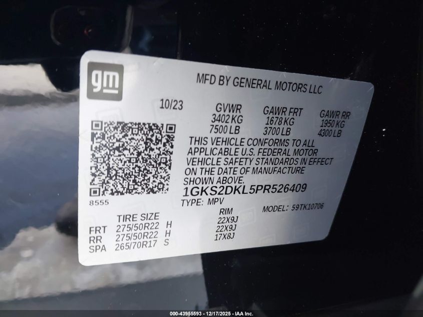 2023 GMC Yukon 4Wd Denali VIN: 1GKS2DKL5PR526409 Lot: 43955593