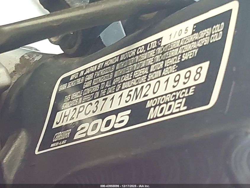 2005 Honda Cbr600 Rr VIN: JH2PC37115M201998 Lot: 43955596