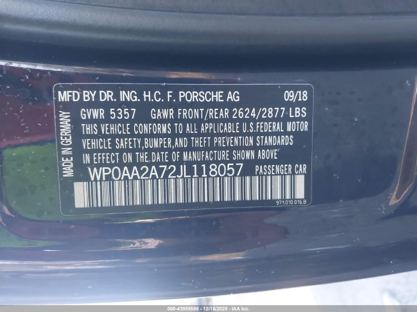 2018 Porsche Panamera 4 VIN: WP0AA2A72JL118057 Lot: 43955598